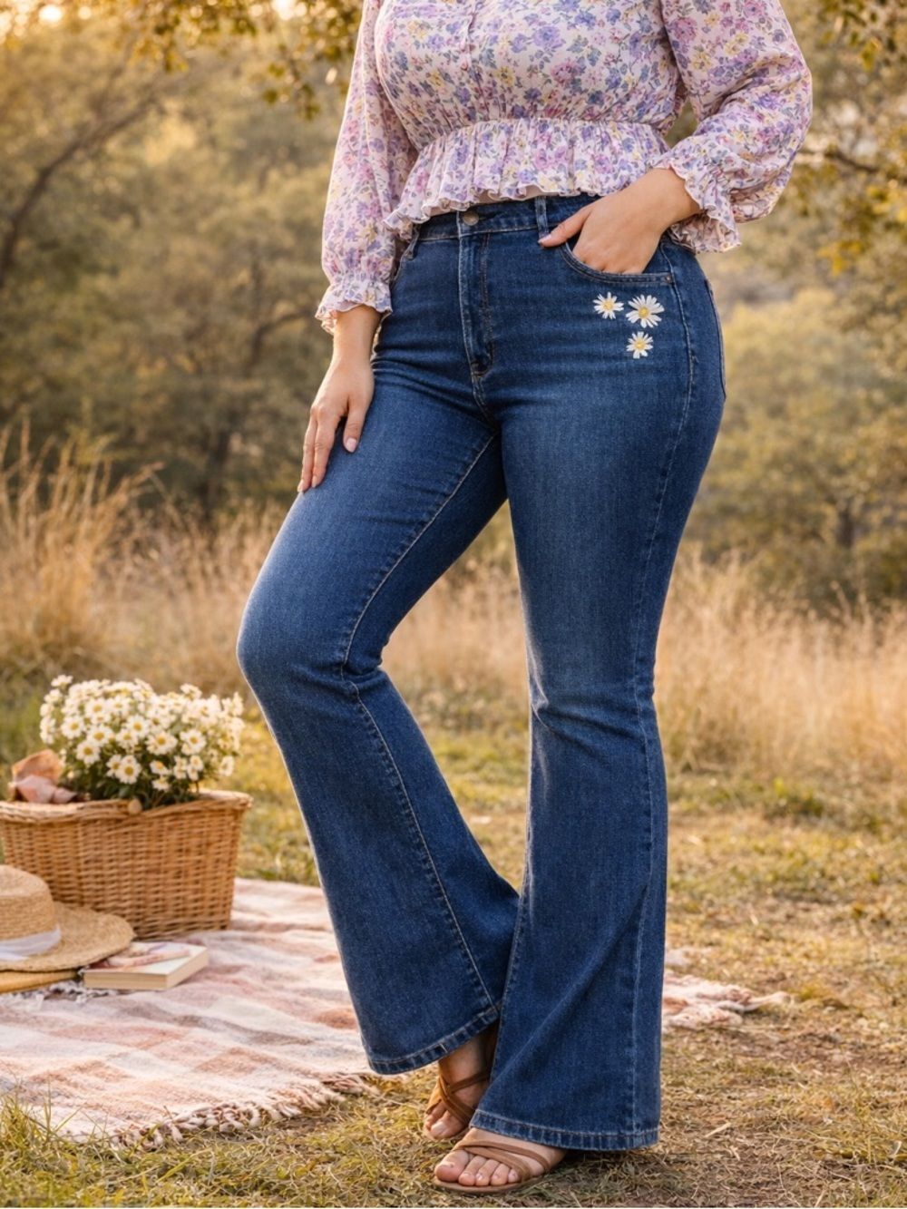 ModCloth Daisy on the Prairie Embroidered Flare Jeans Boho Retro Dark Wash 24W